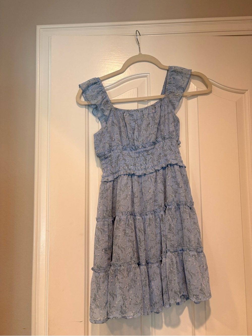 Girls' Light Blue Floral Ruffle-Tiered Dress